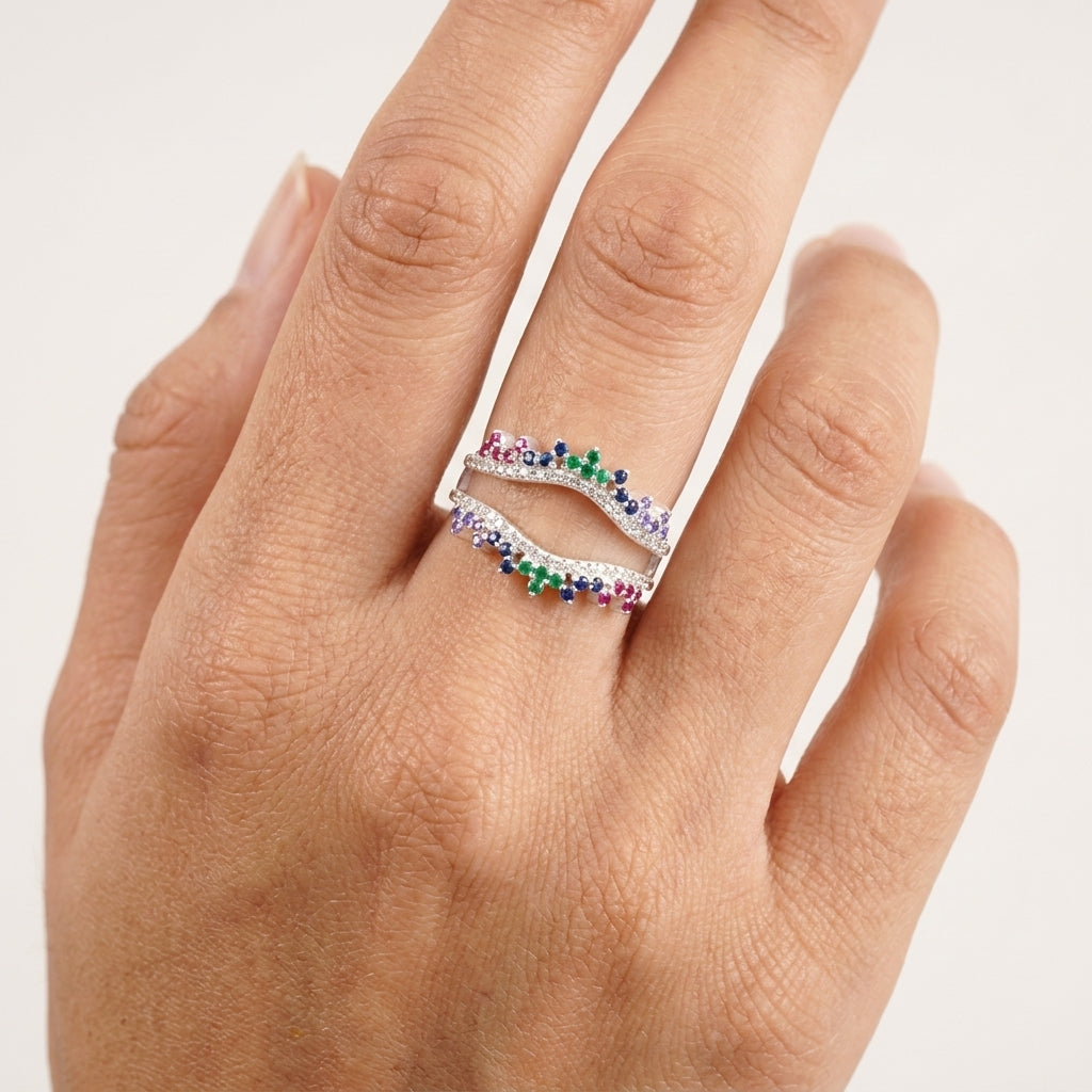 Multi Stone Wedding Band | Sapphire Ruby Emerald Multi Stone Ring With Model Finger