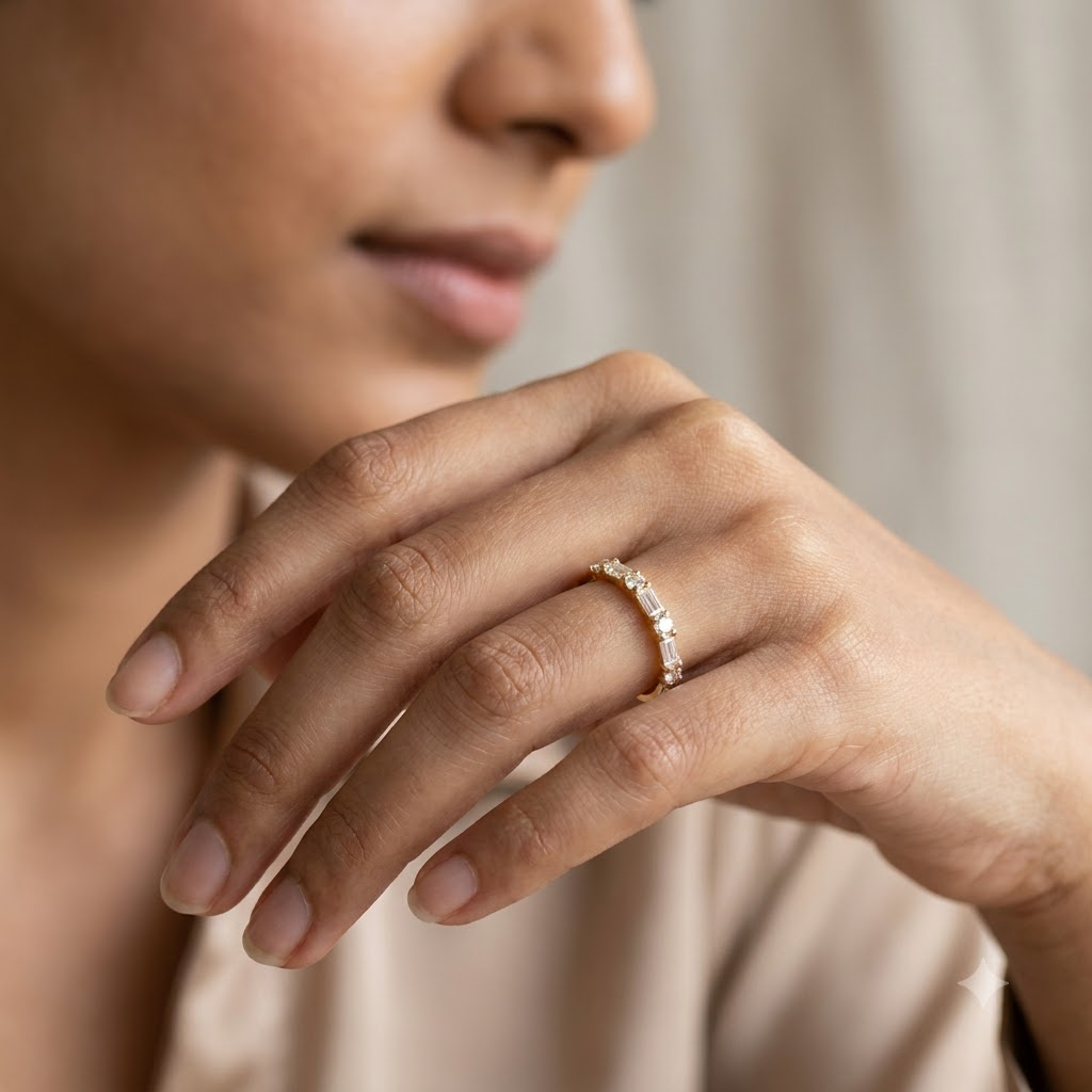 Dainty Moissanite Baguette Ring With Model