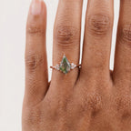 Kite Shaped Moss Agate Engagement Ring With Model Finger