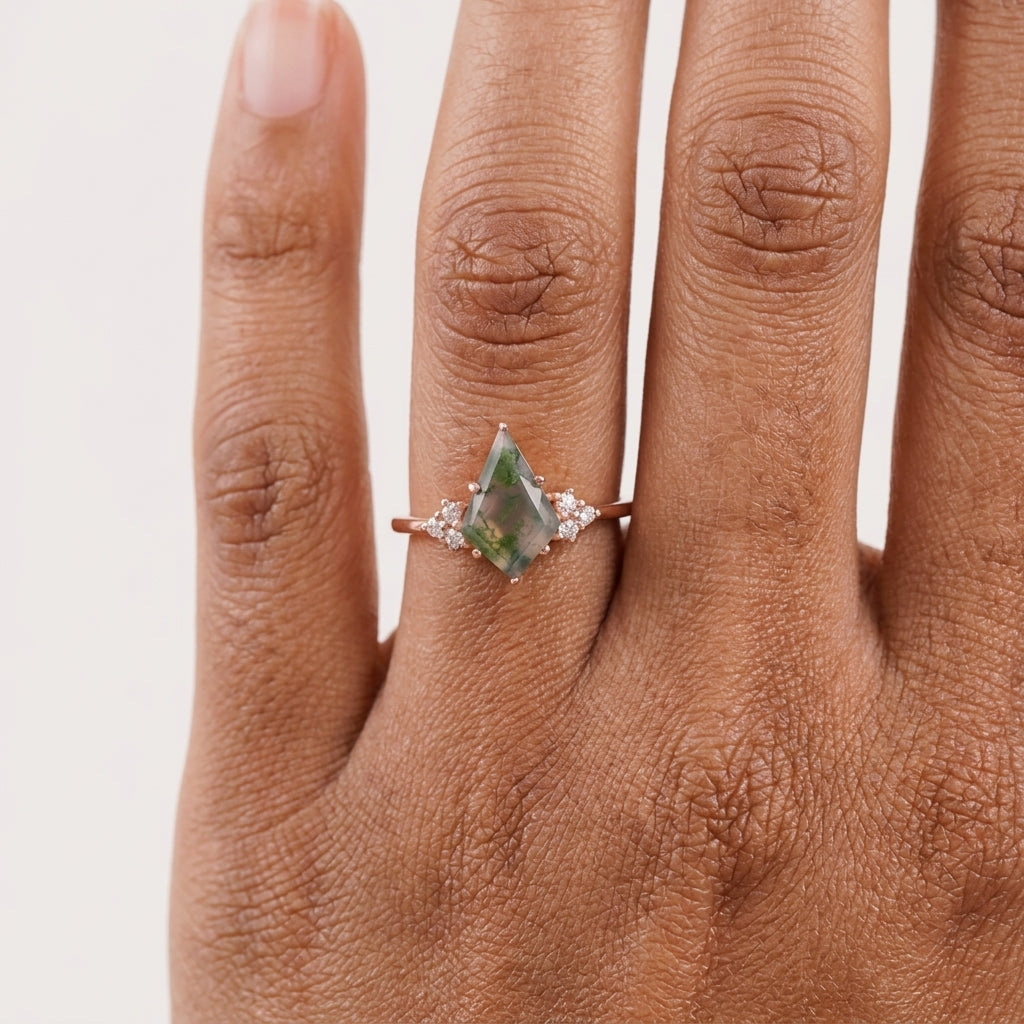Kite Shaped Moss Agate Engagement Ring With Model Finger