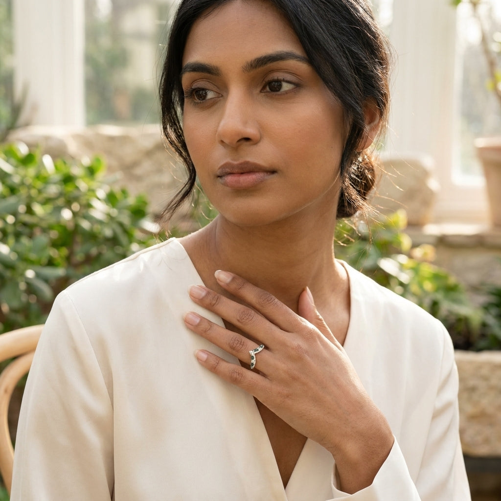 Marquise Moss Agate Wedding Band Ring With Model 