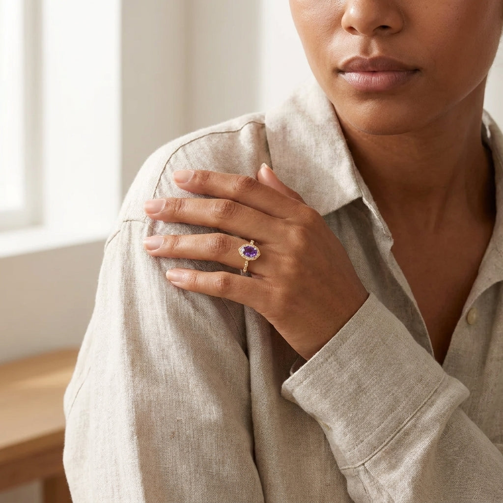 Oval Amethyst Halo Diamond Engagement Ring With Model