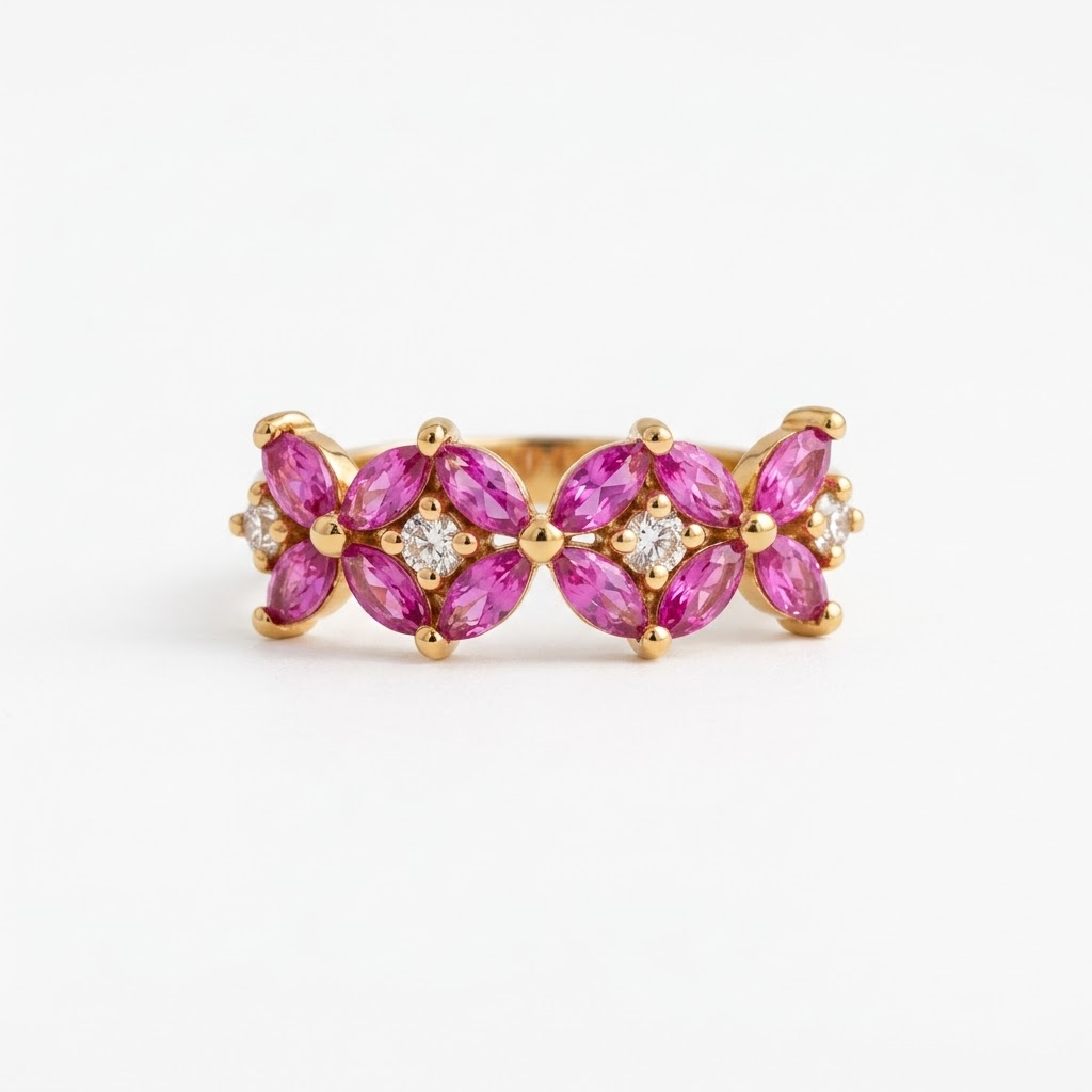 Vintage Pink Sapphire Marquise Cluster Gold Engagement Ring