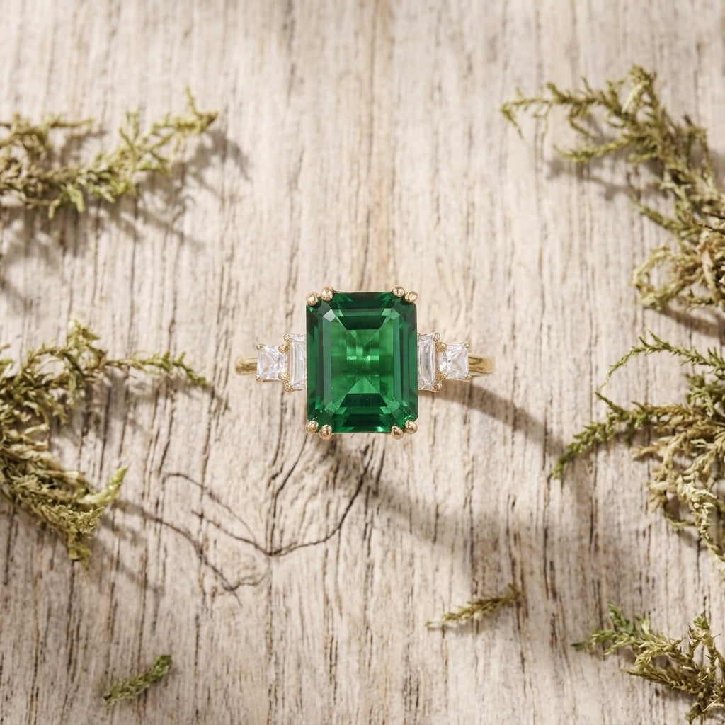 Baguette Cut Moissanite & Green Emerald Ring Stand On Table
