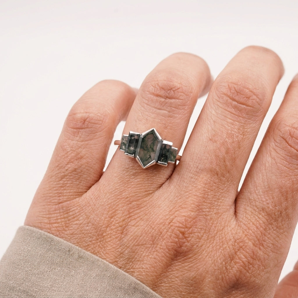 Bezel Set Moss Agate Hexagon Engagement Ring in Finger