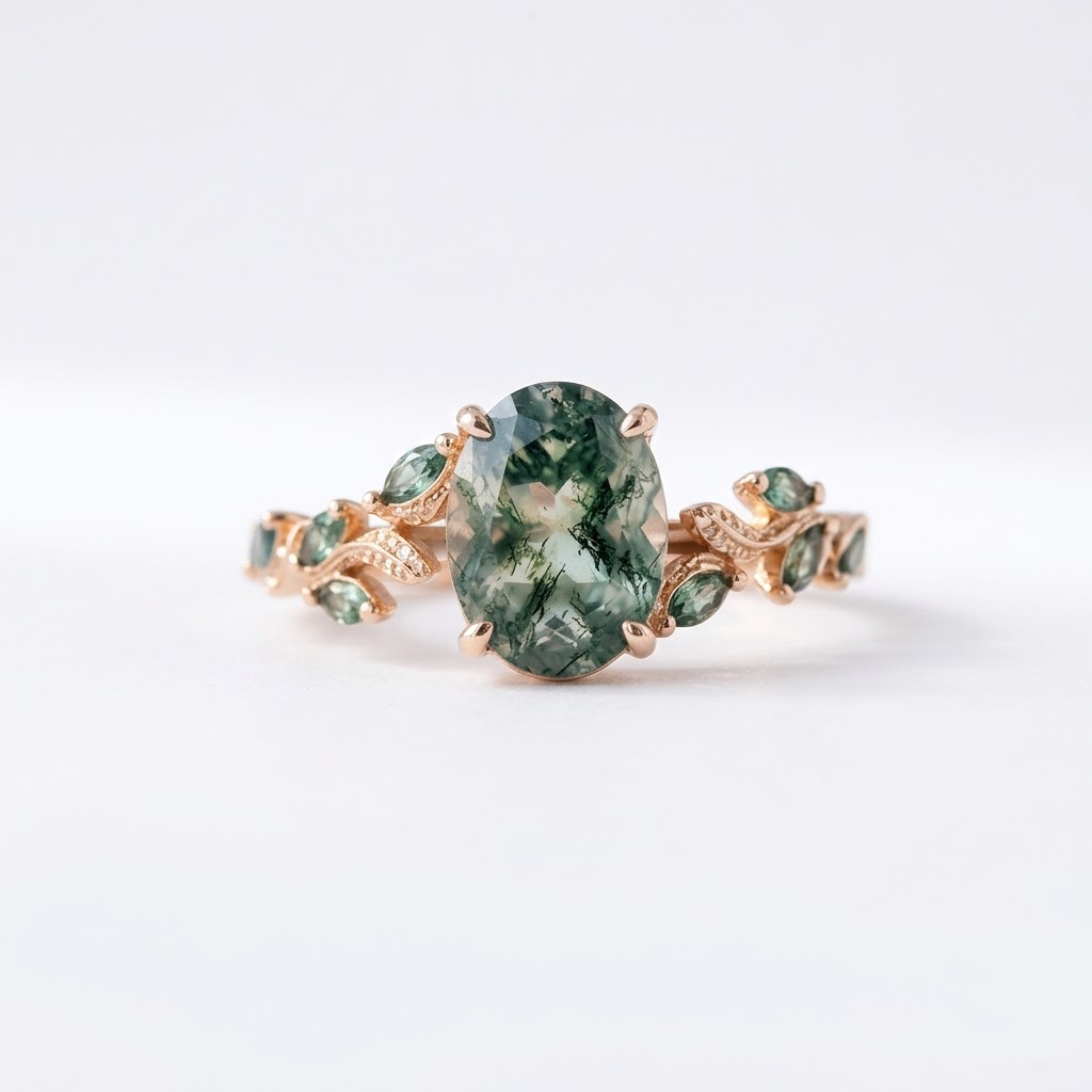 Oval Moss Agate Leaf Vintage Bridal Gold Rose Gold Engagement Ring