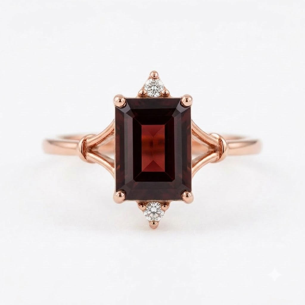Emerald Cut Red Garnet Rose Gold Engagement Ring