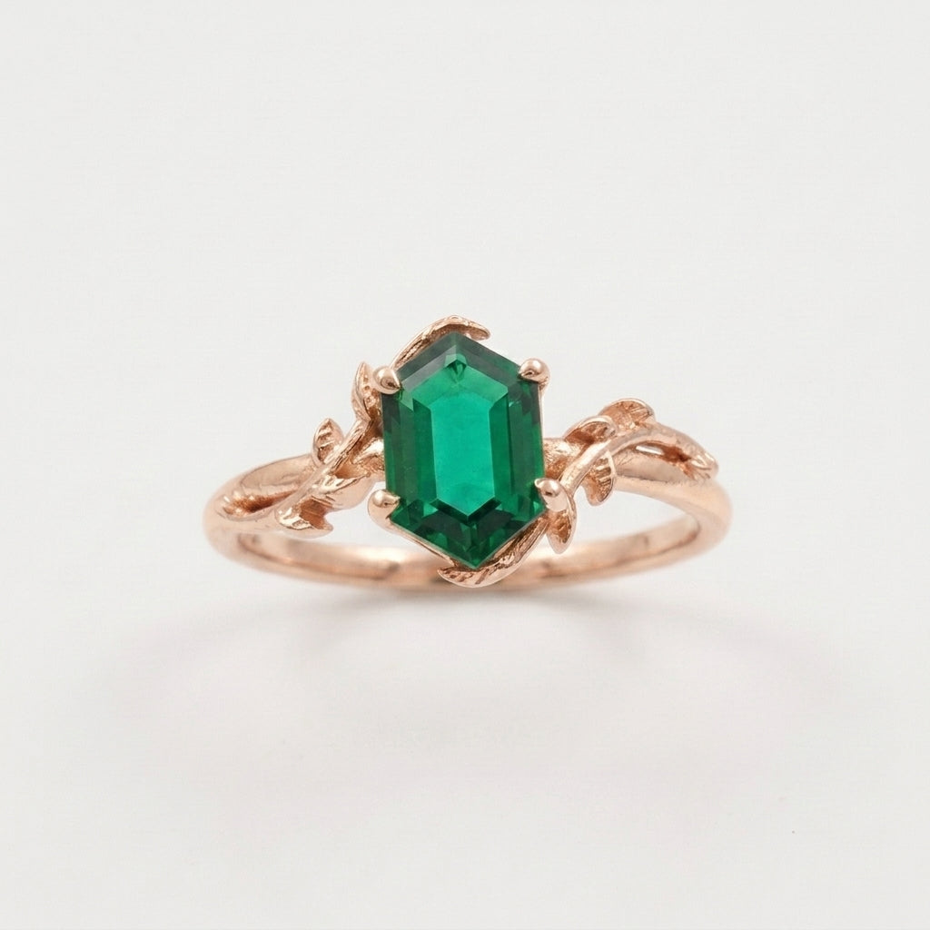 Emerald Hexagon Engagement Rose Gold Ring