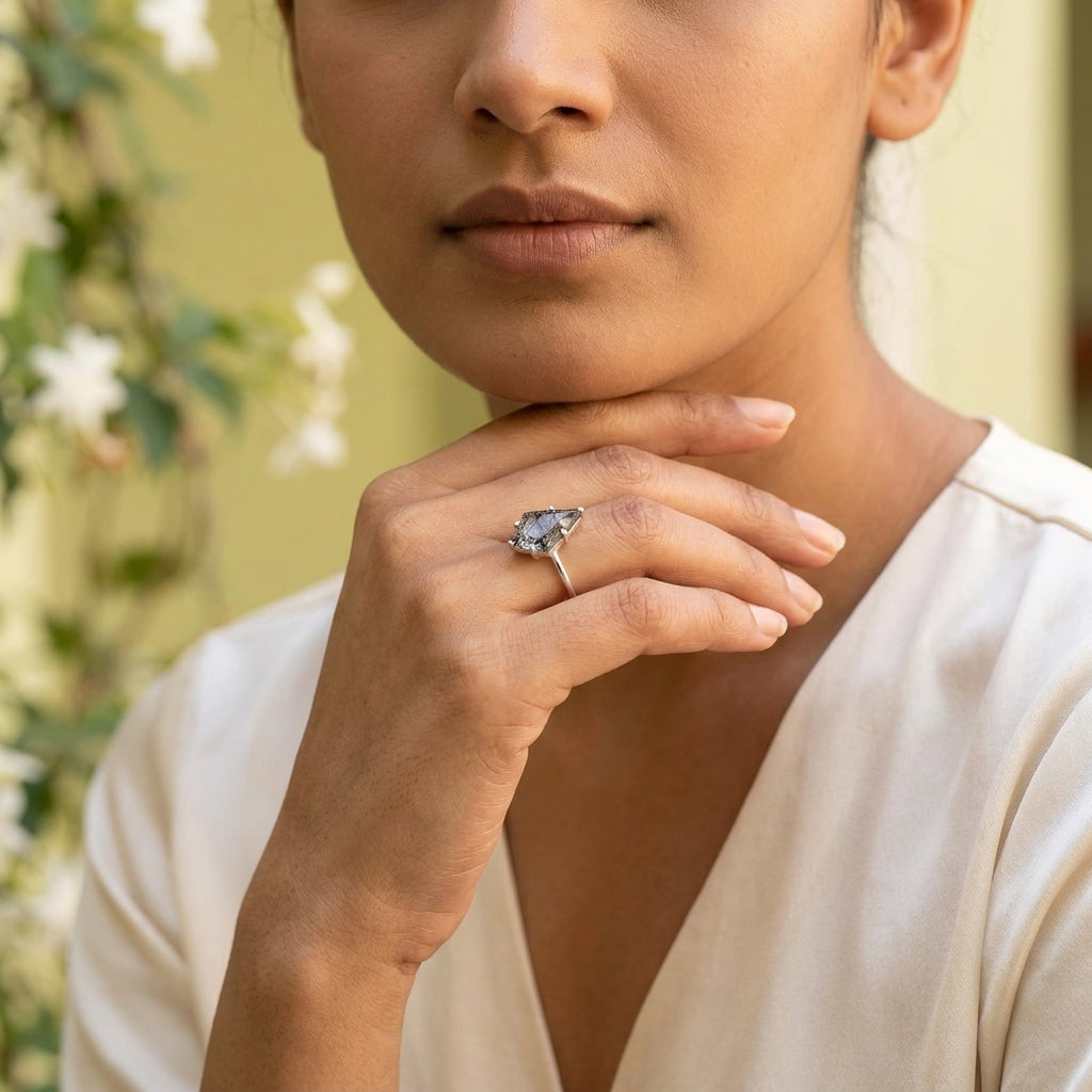 Kite Shaped Black Rutile Quartz Ring WIth Model