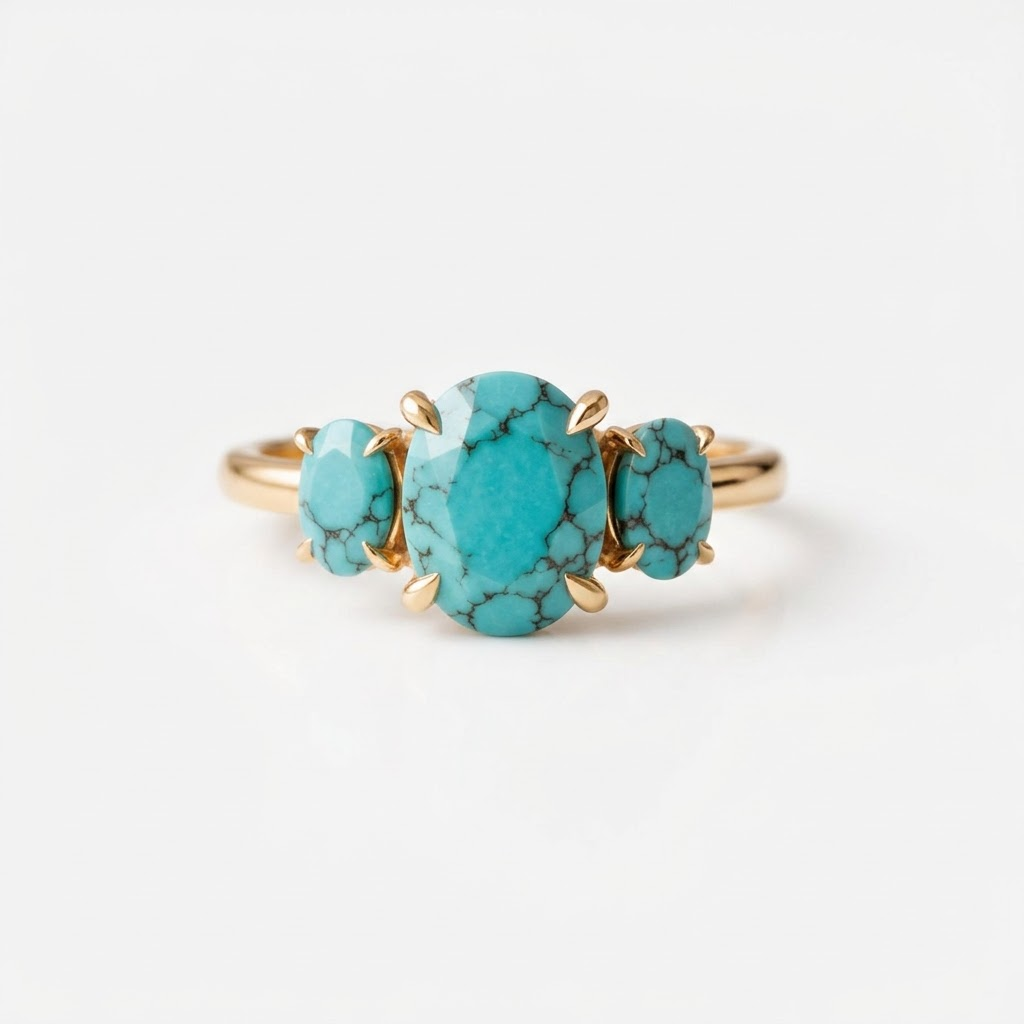 Three Stone Oval Turquoise Gold Engagement Ring