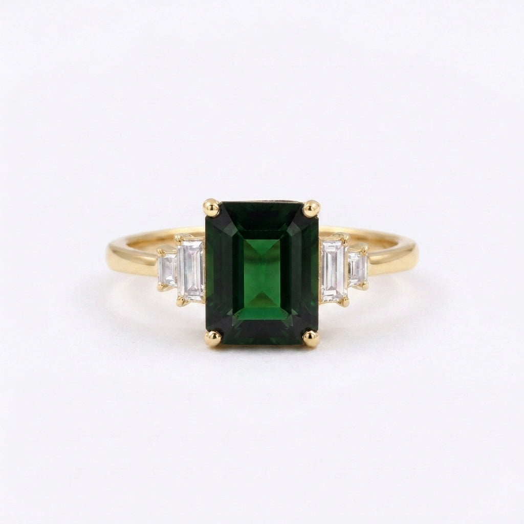 Green Emerald Gemstone Gold Engagement Ring