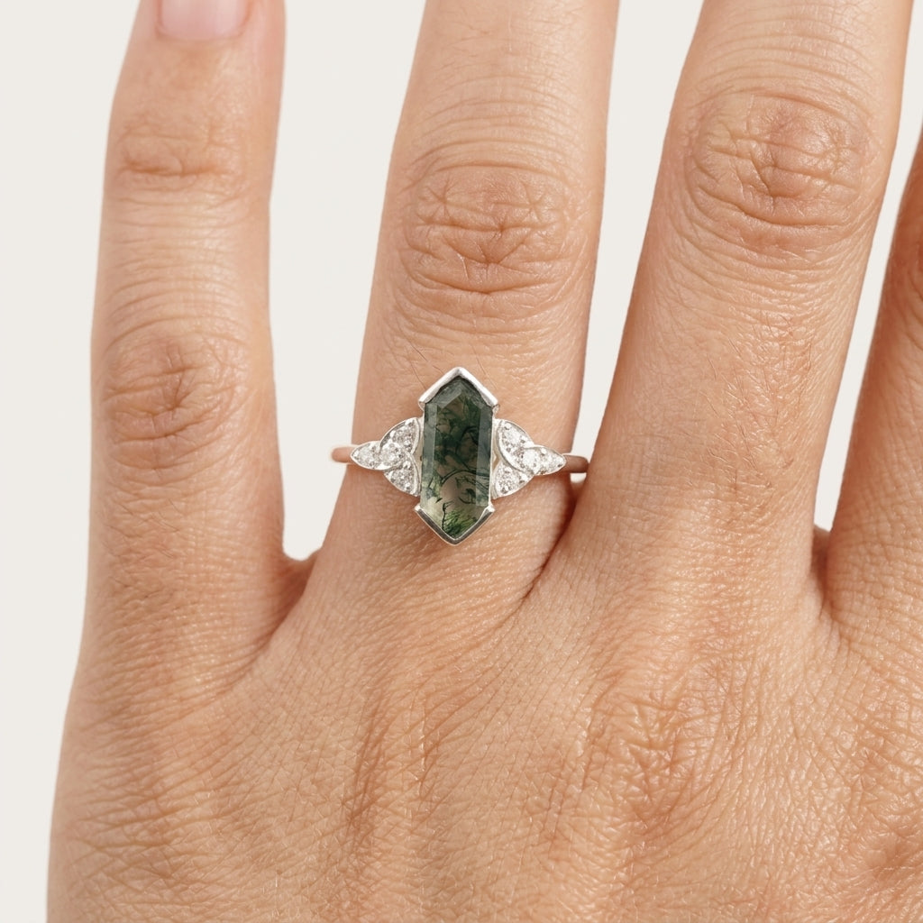 Moss Agate Hexagon Engagement Ring With Model Finger