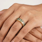 Baguette Cut Moss Agate Wedding Band with Wear in finger