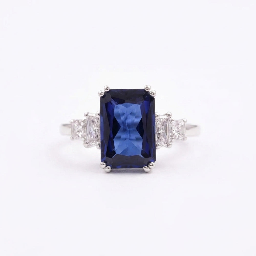 Emerald Blue Sapphire Silver Engagement Silver Ring