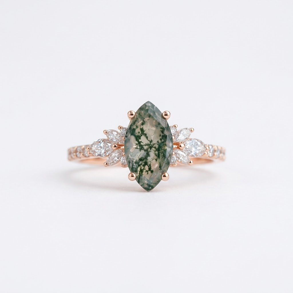 Vintage Marquise Moss Agate Rose Gold Engagement Ring