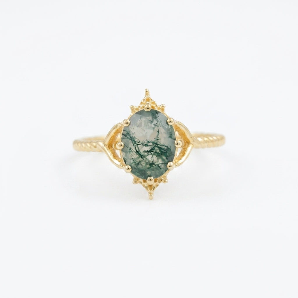 Vintage Oval Moss Agate  Gold Engagement Ring