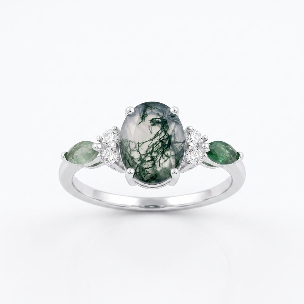 Moss Agate Oval Cut White Gold Engagement Ring