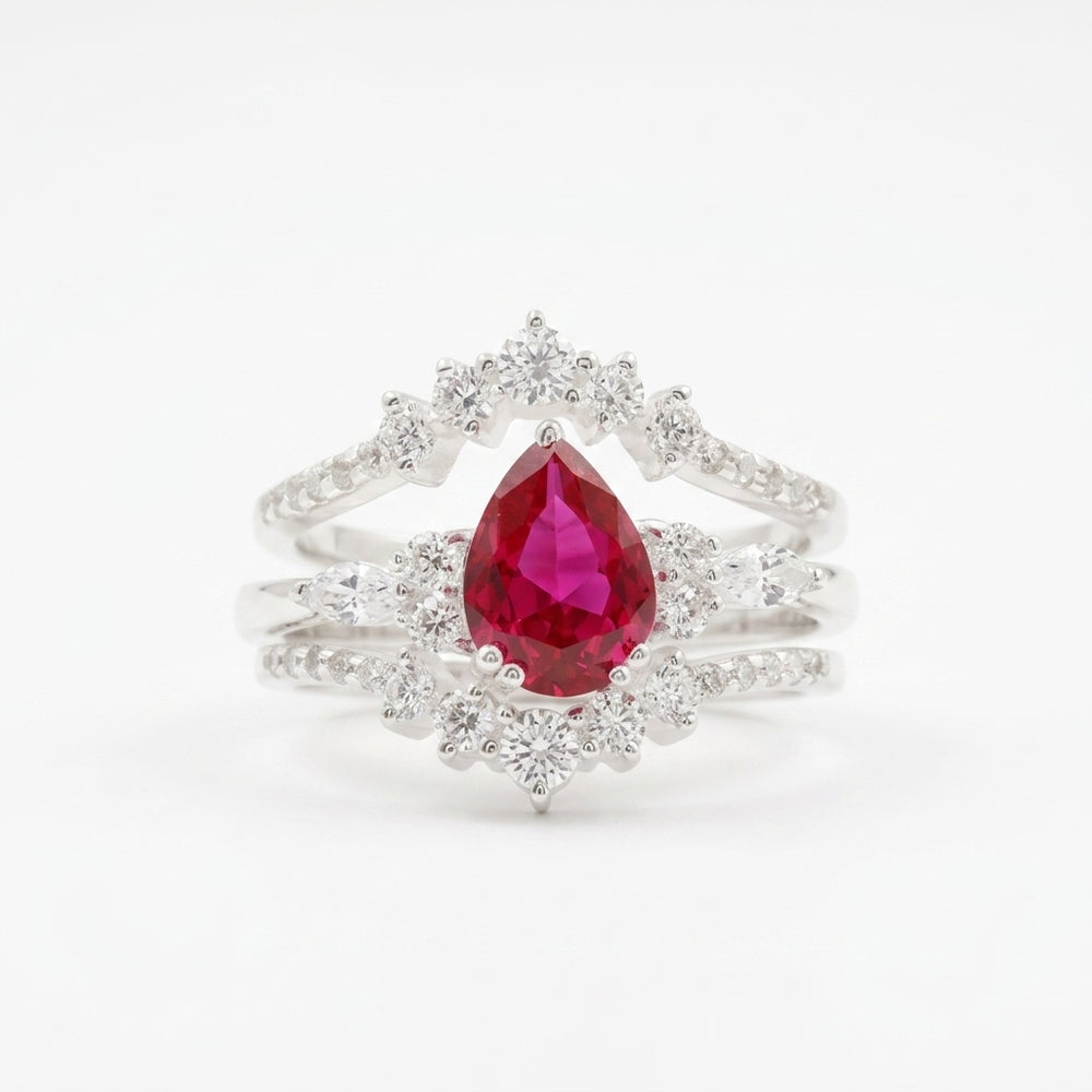 Pear Ruby Cluster Ring with Moissanite Enhancer Silver wedding band