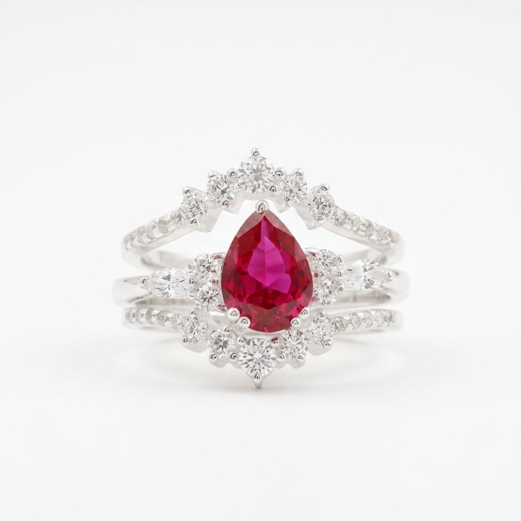 Pear Ruby Cluster Ring with Moissanite Enhancer Silver wedding band