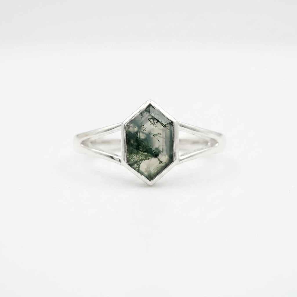 Vintage Bezel Setting Moss Agate  White Gold Engagement Ring