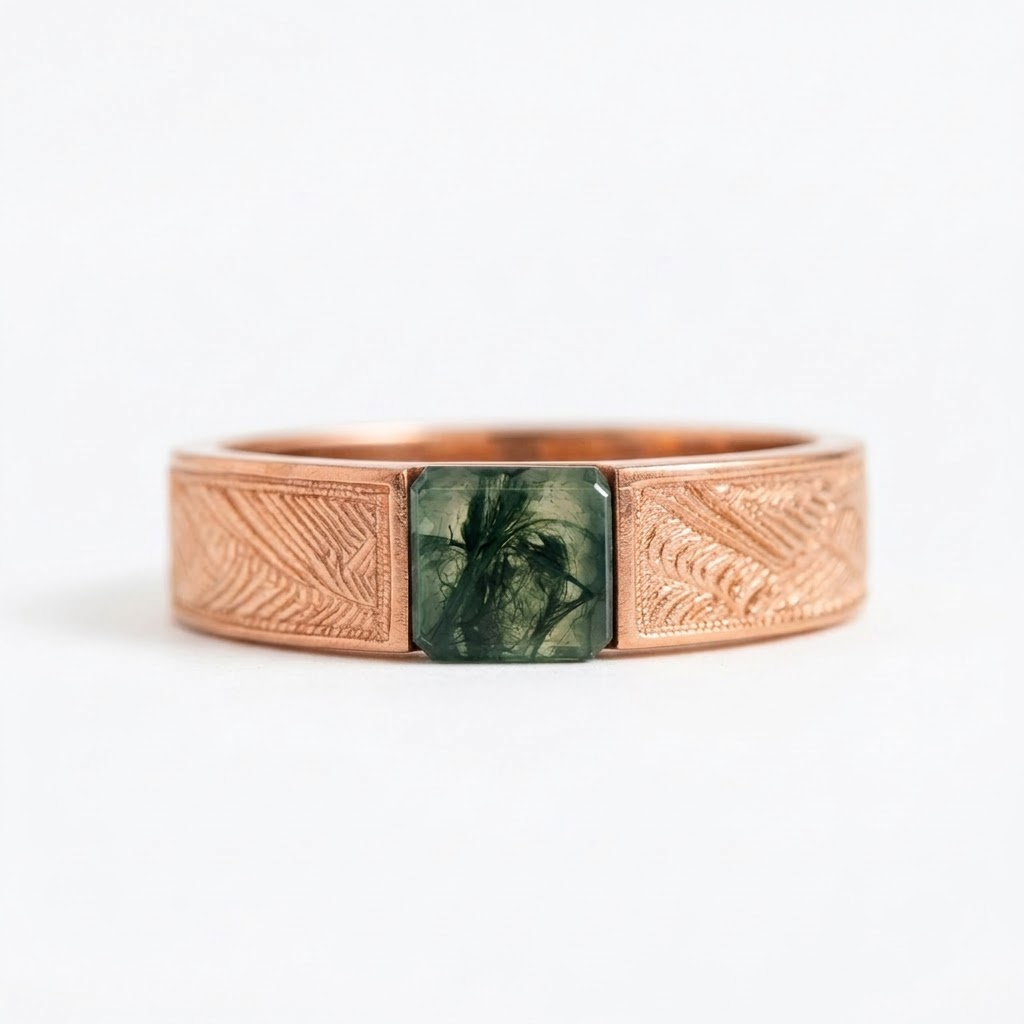 Natural Unique Green Moss Agate Men Rose Gold Wedding Band