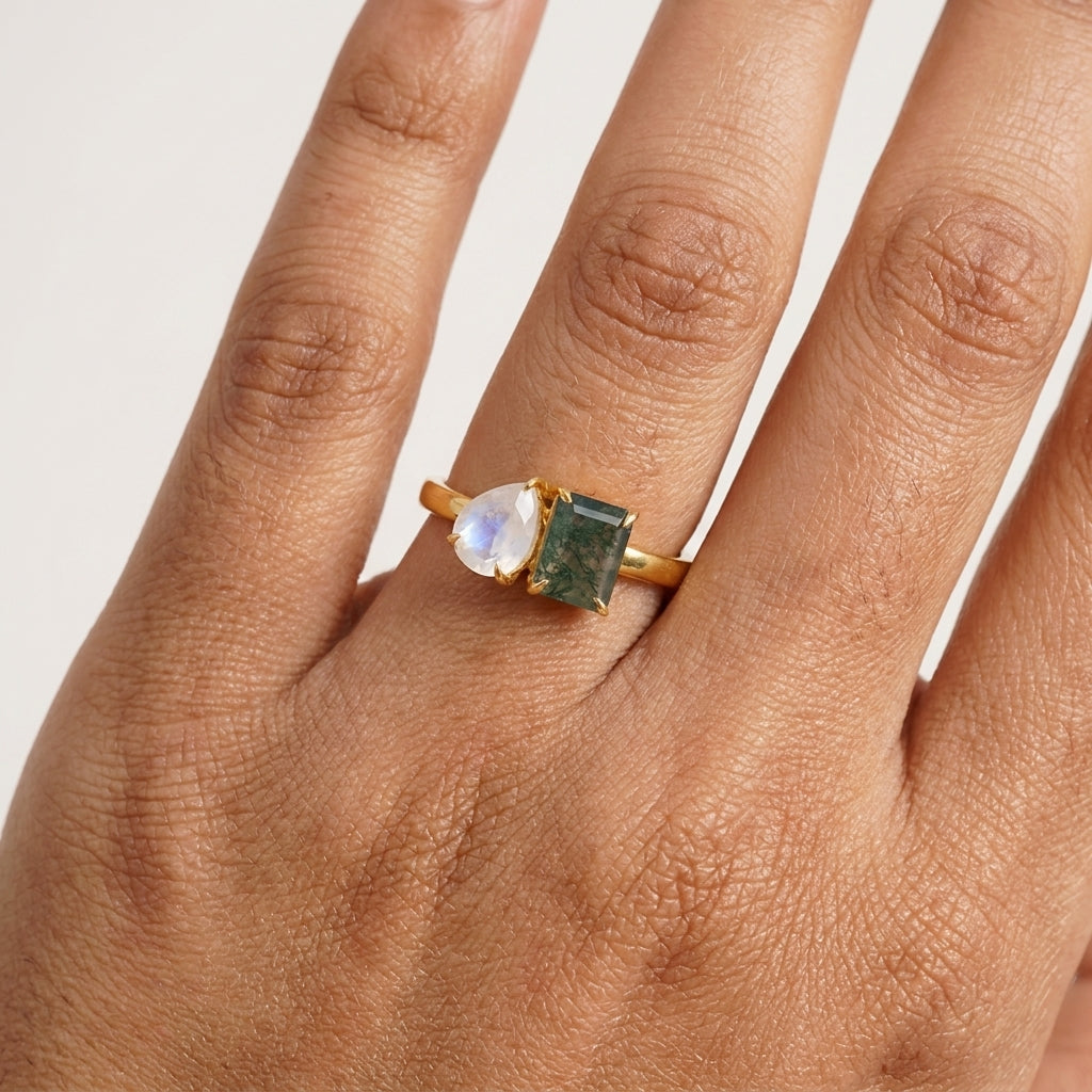 Double Stone Moss Agate And Moonstone Toi Et Moi Engagement Ring With in finger