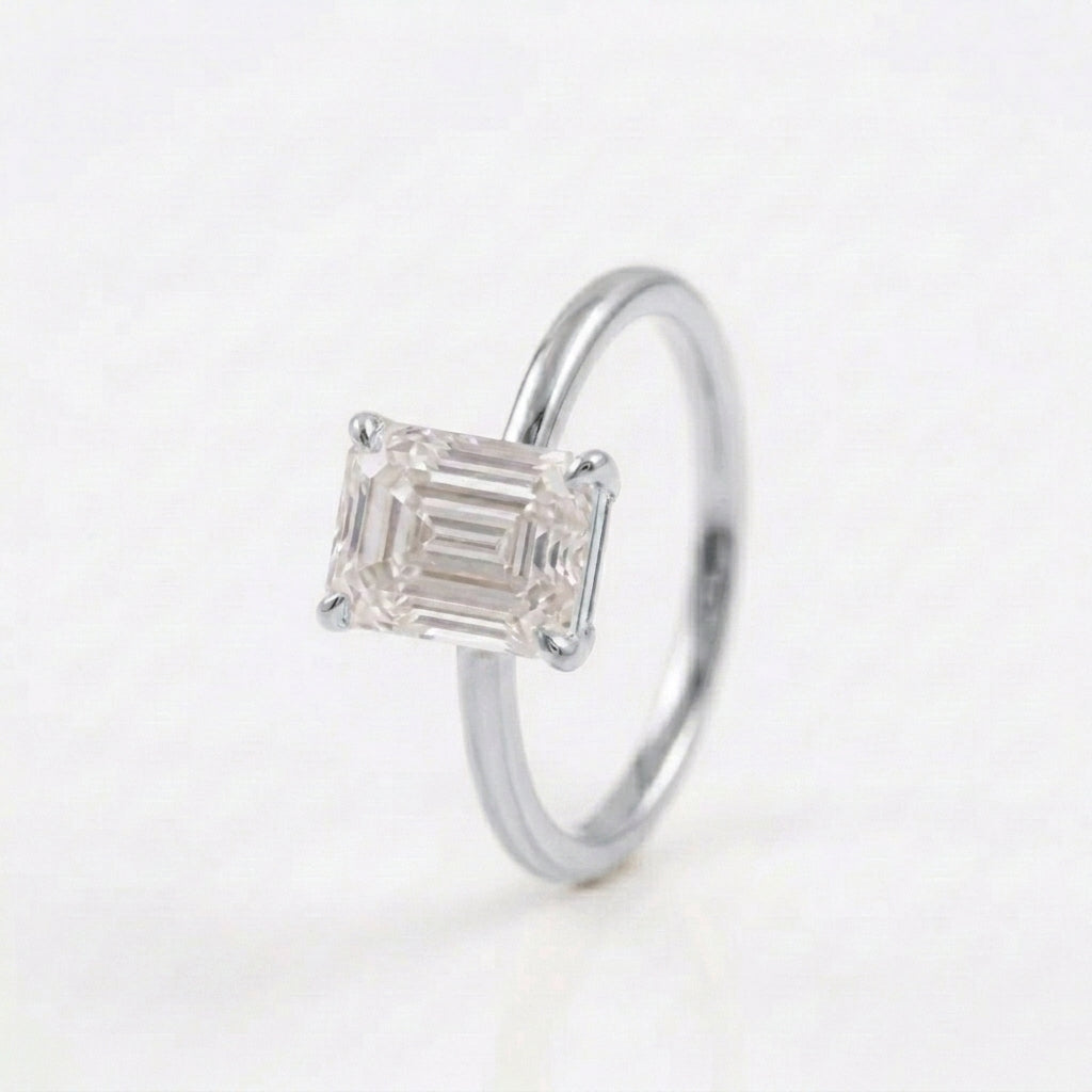 Emerald Cut Moissanite Diamond Solitaire Engagement Silver Ring