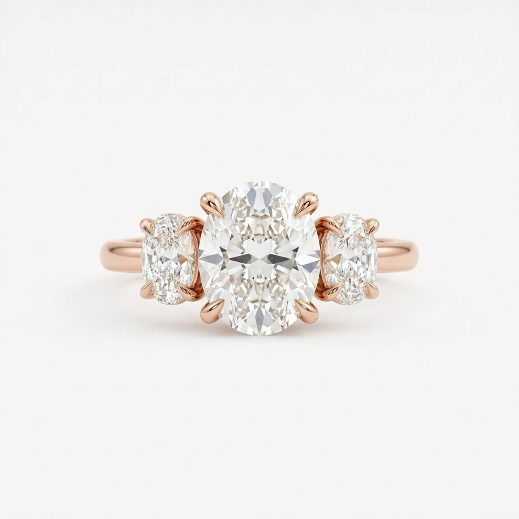 Three Stone Oval Moissanite Ring Rose Gold Engagement Ring