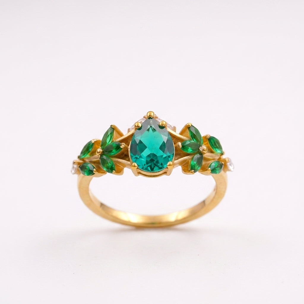Pear Emerald Cluster Marquise Gold Engagement Ring