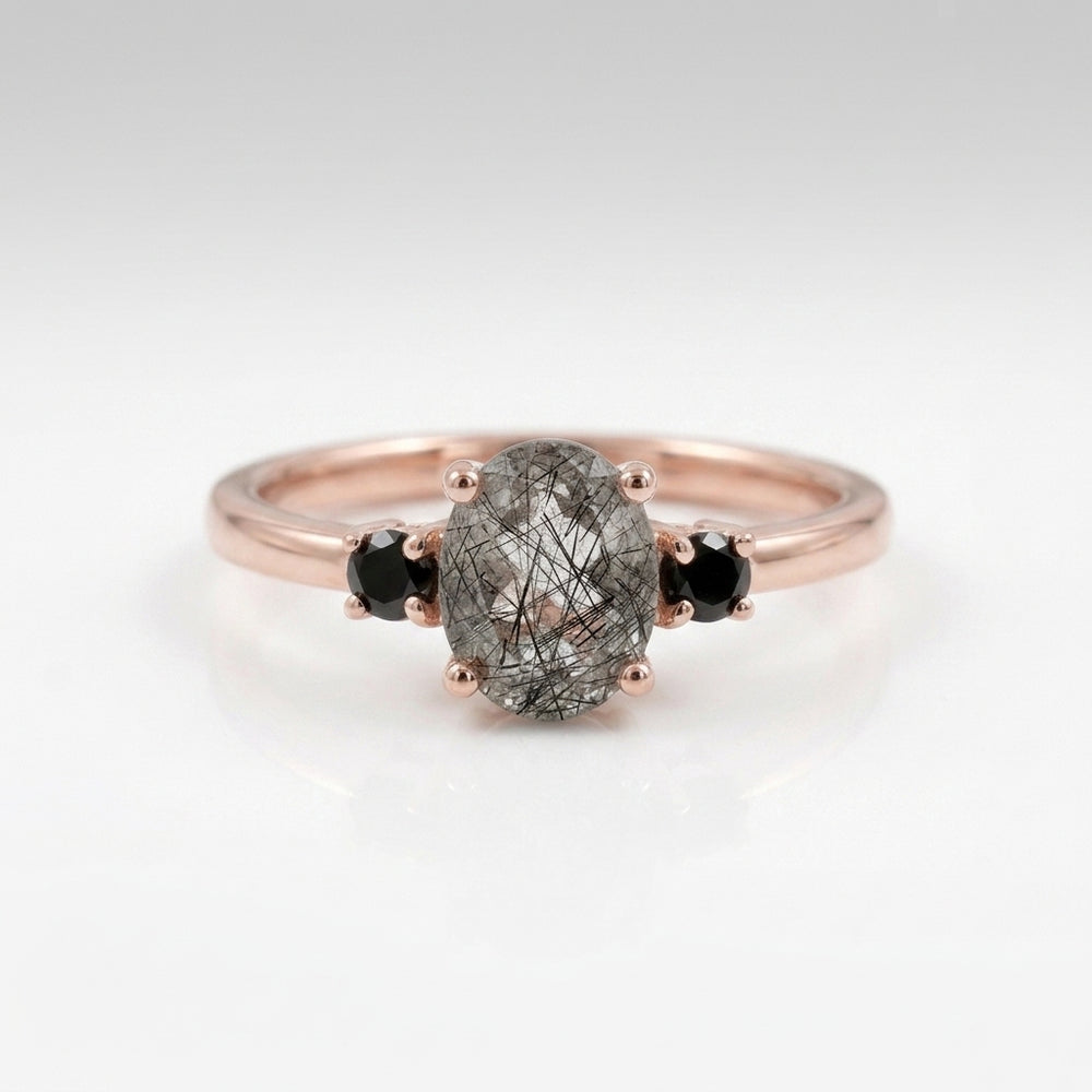 Oval Cut Black Rutile Quartz Rose Gold Engagement Ring