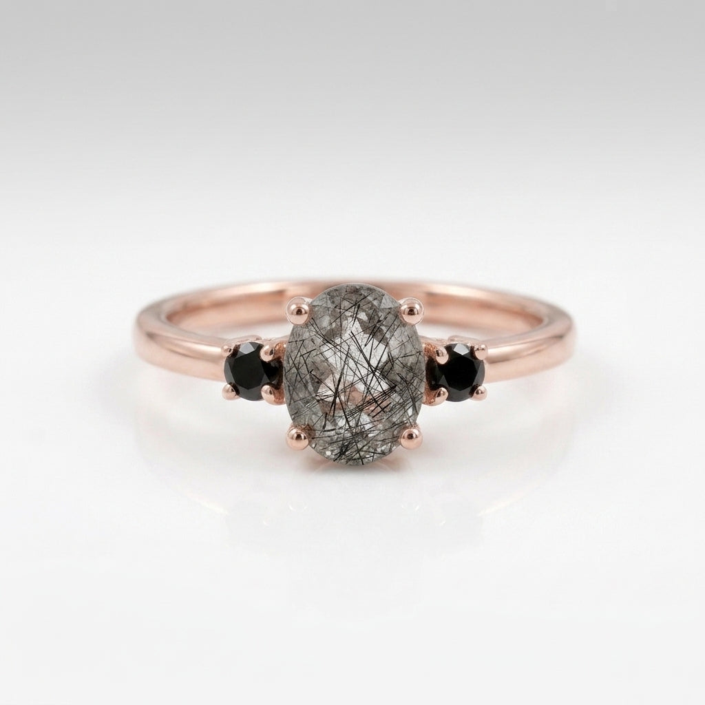 Oval Cut Black Rutile Quartz Rose Gold Engagement Ring