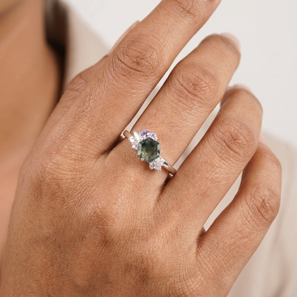 Hexagon Cut Moss Agate Cluster Art Deco Ring With FInger