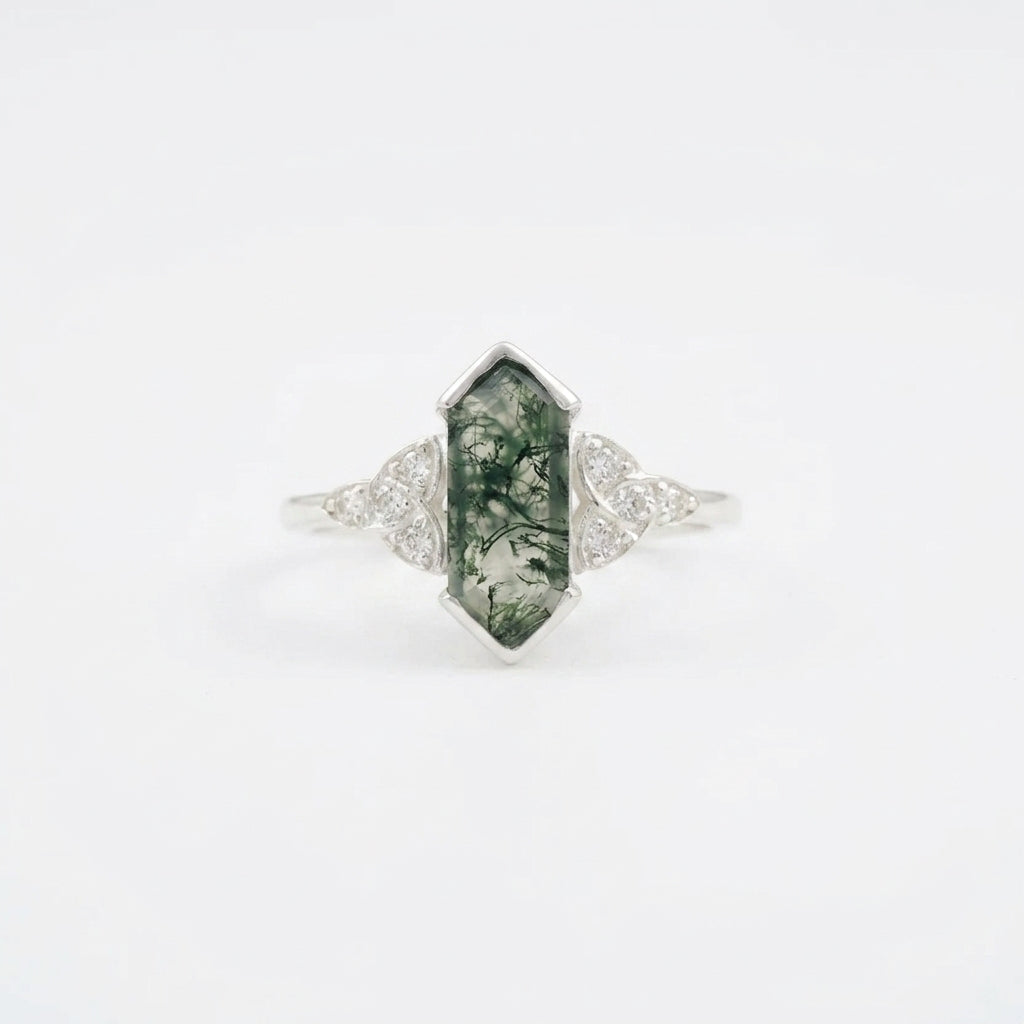 Moss Agate Hexagon White Gold Engagement Ring