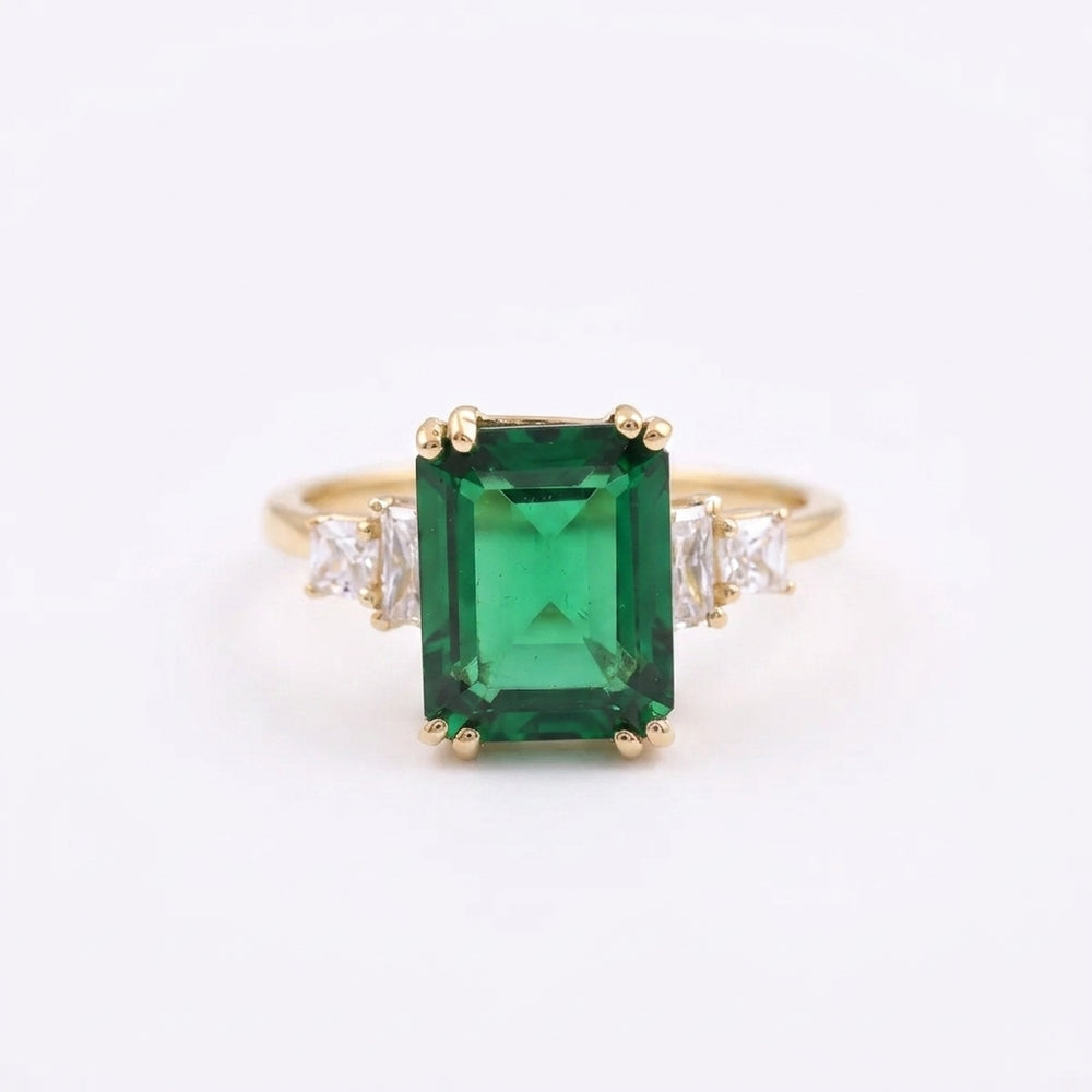 Baguette Cut Moissanite & Green Emerald Gold Ring