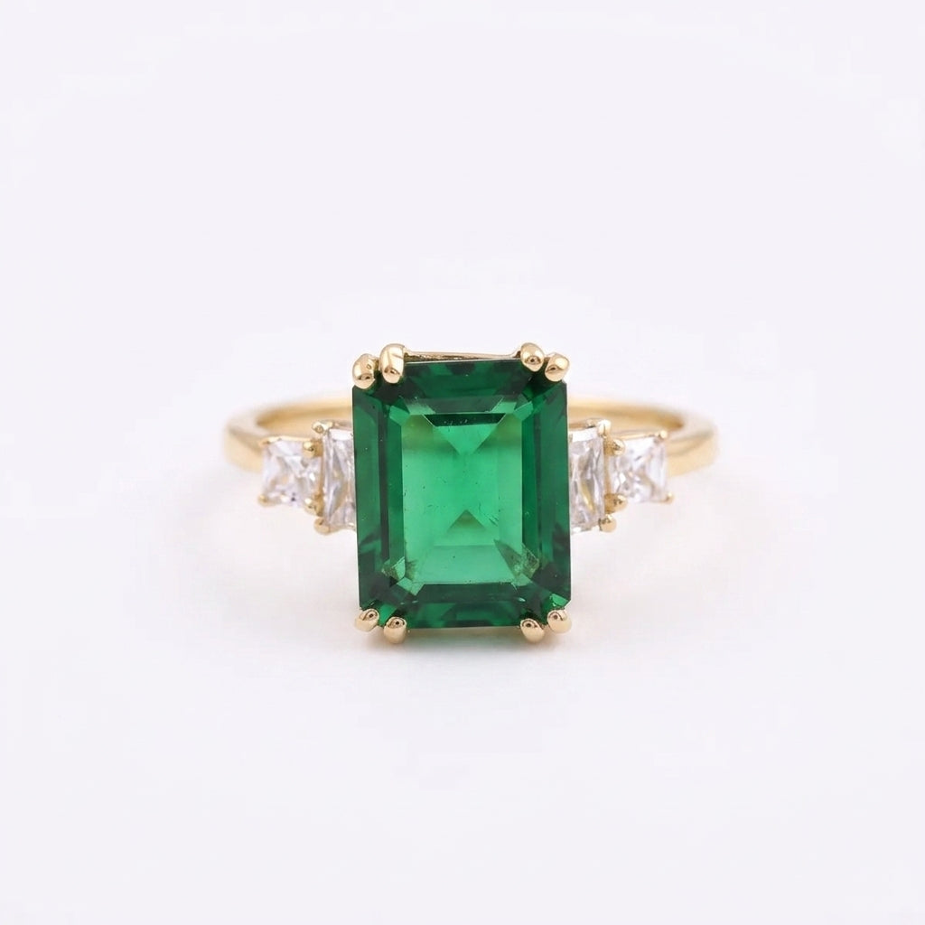 Baguette Cut Moissanite & Green Emerald Gold Ring