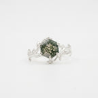 Moss Agate Leaf Hexagon White Gold Engagement Ring