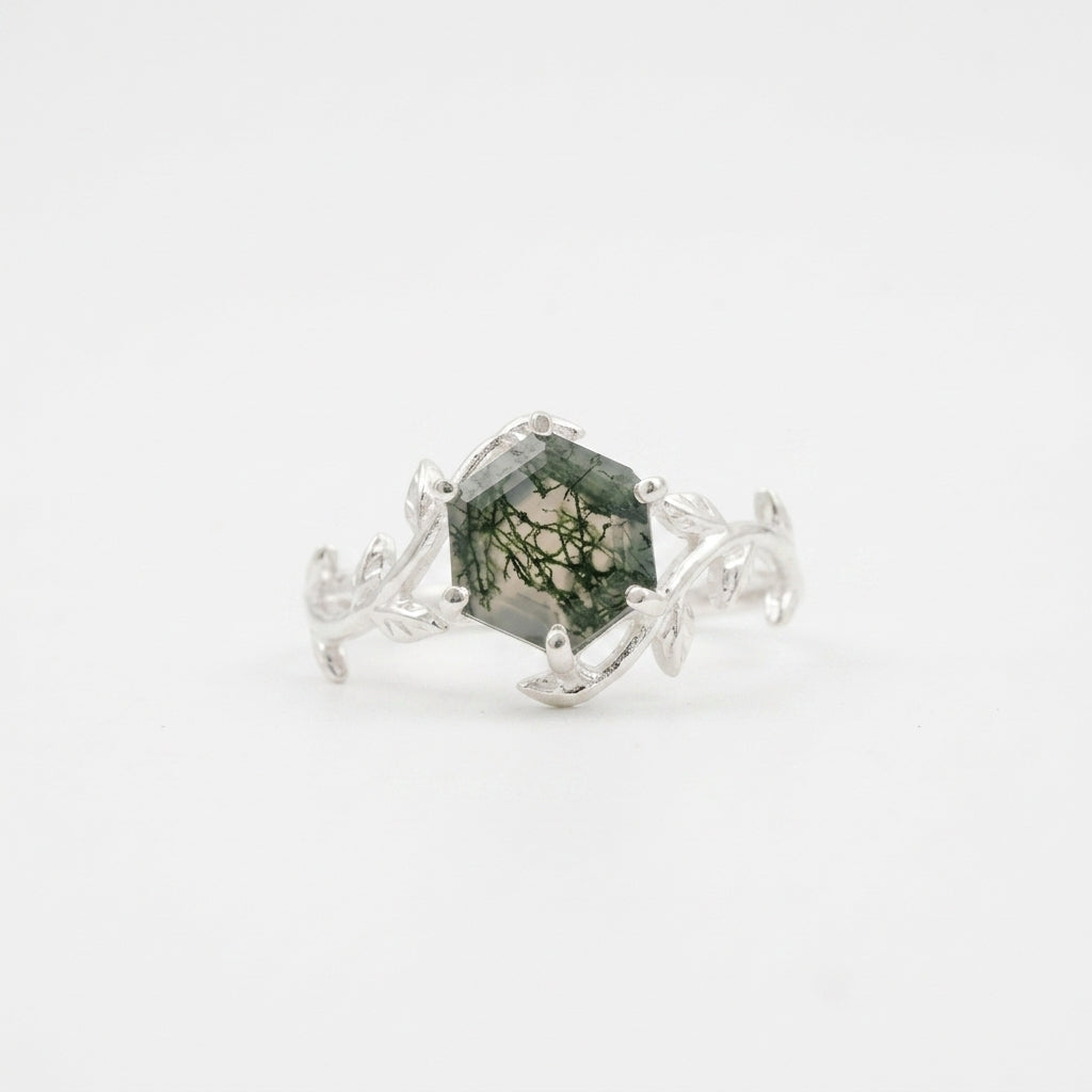 Moss Agate Leaf Hexagon White Gold Engagement Ring