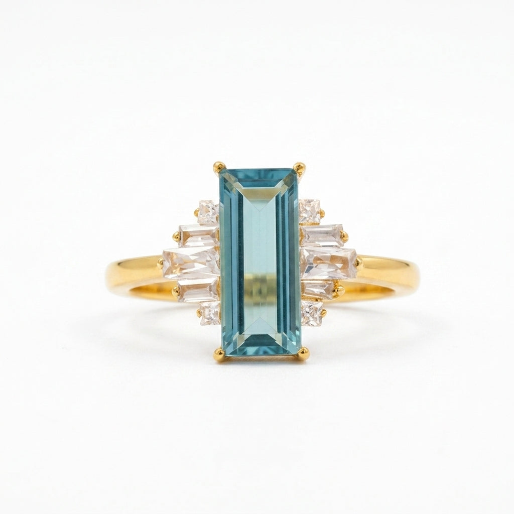 Antique Aquamarine and Moissanite Gold Engagement Ring