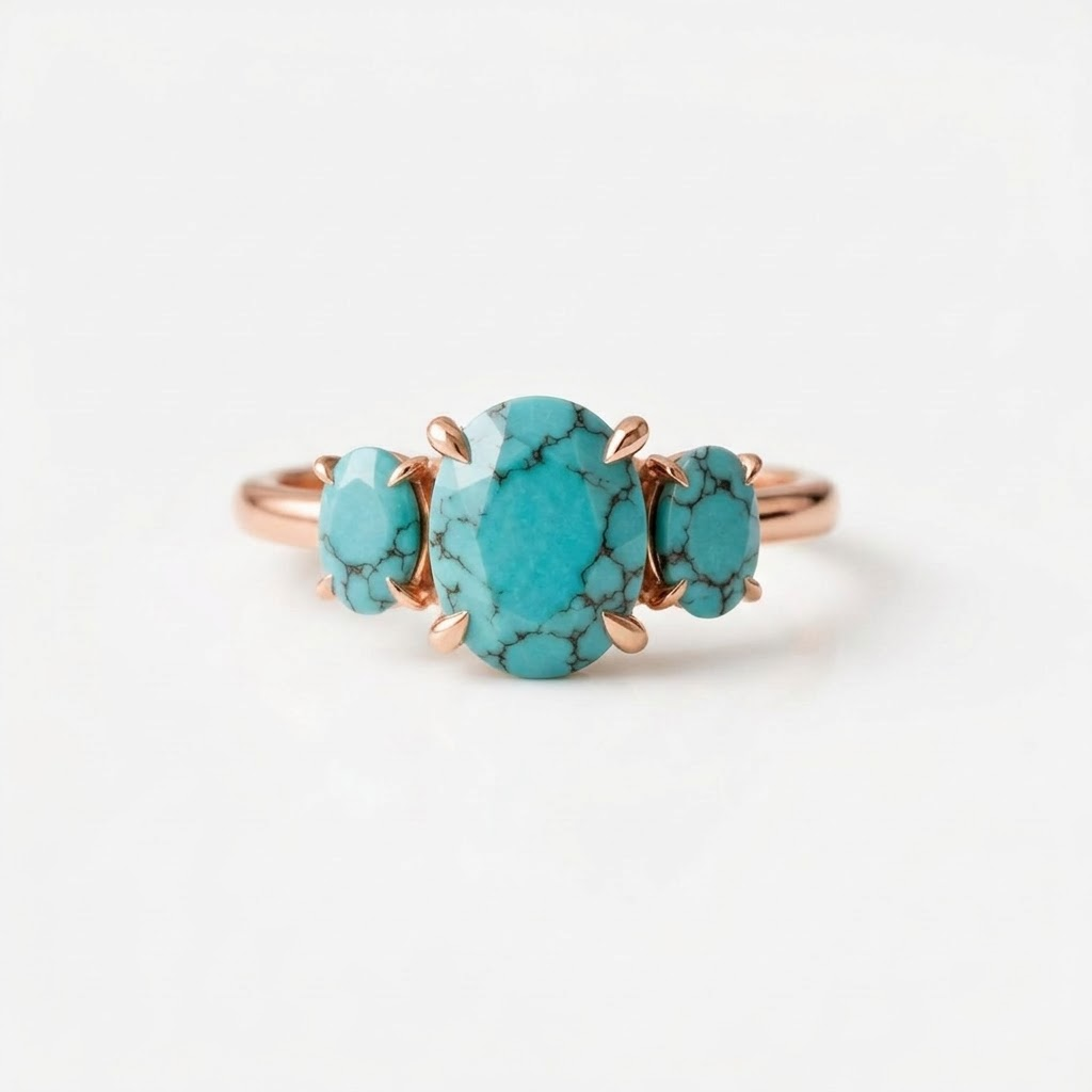Three Stone Oval Turquoise Rose Gold Engagement Ring