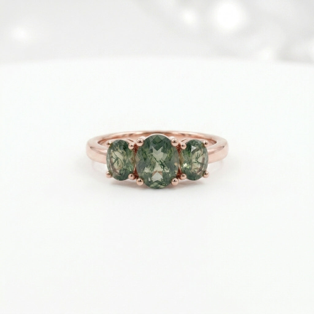 Oval Moss Agate Stacking Ring Three Stone Rose Gold Ring