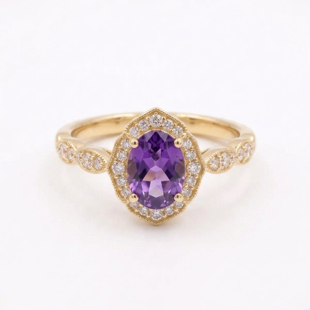Oval Amethyst Halo Diamond Gold Engagement Ring