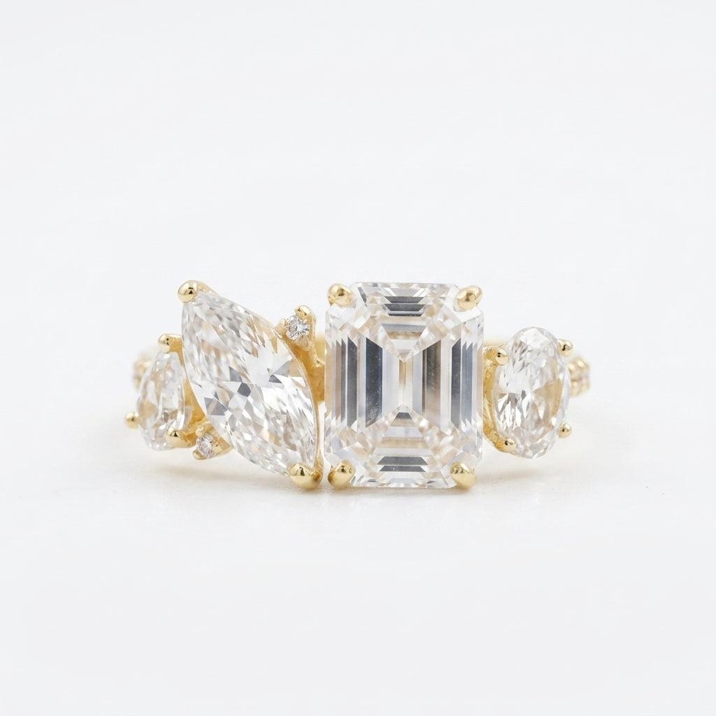 Cluster Moissanite Engagement Ring Emerald and Marquise Cut Ring