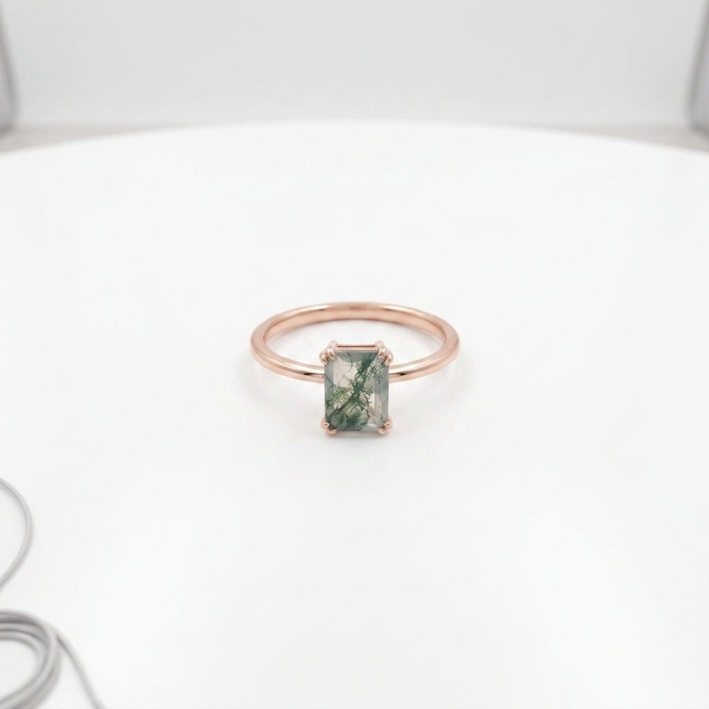 Emerald Cut Moss Agate Green Gemstone Solitaire Rose Gold Ring