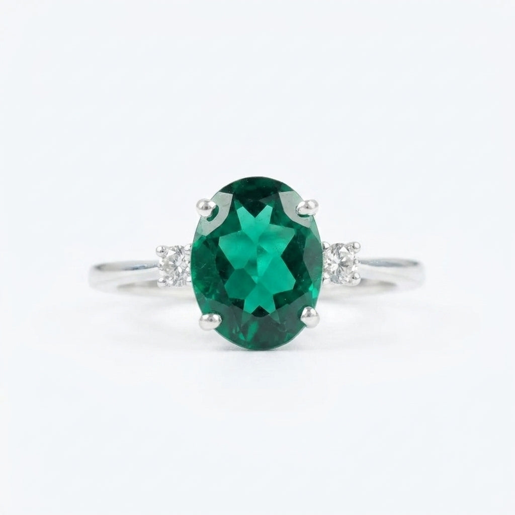 Oval Cut Emerald & Zirconia Three Stone Engagement Silver Ring