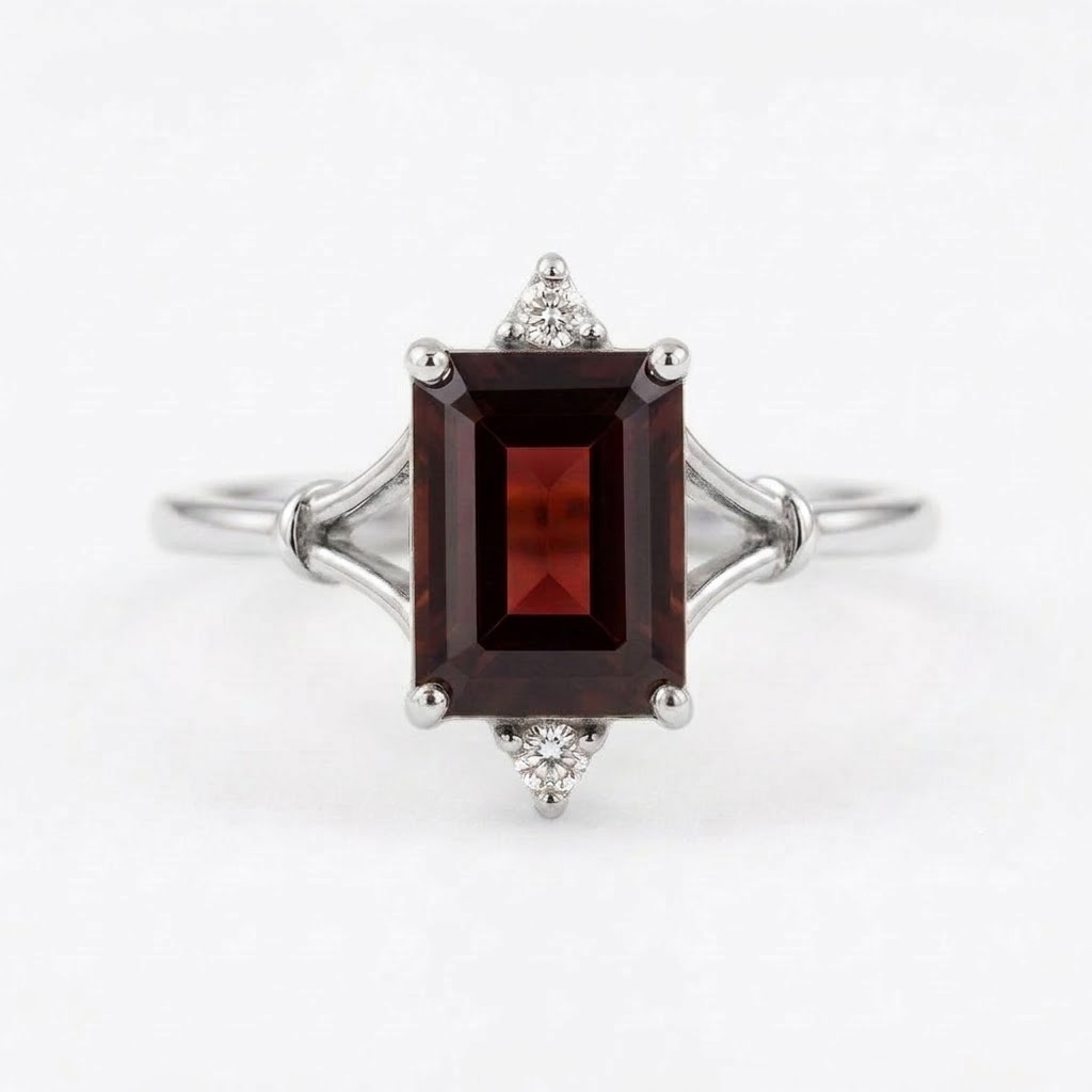 Emerald Cut Red Garnet Silver Engagement Ring