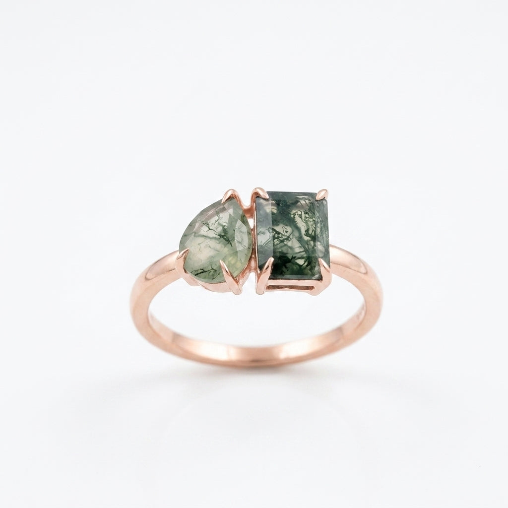 Toi Et Moi Moss Agate Emerald & Pear Cut  Rose Gold Ring