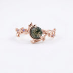 Round Natural Moss Agate Leaf Design Rose Gold Engagement Ring