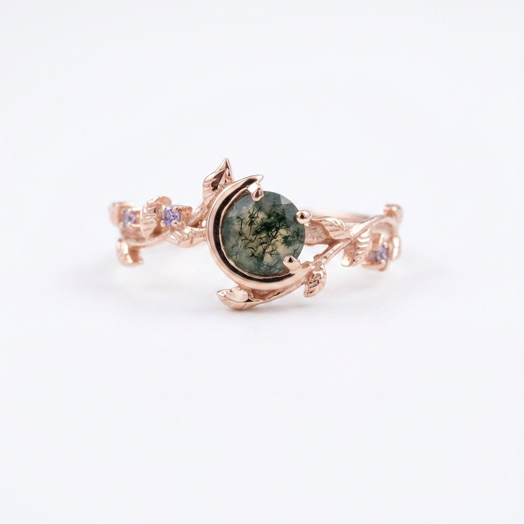Round Natural Moss Agate Leaf Design Rose Gold Engagement Ring