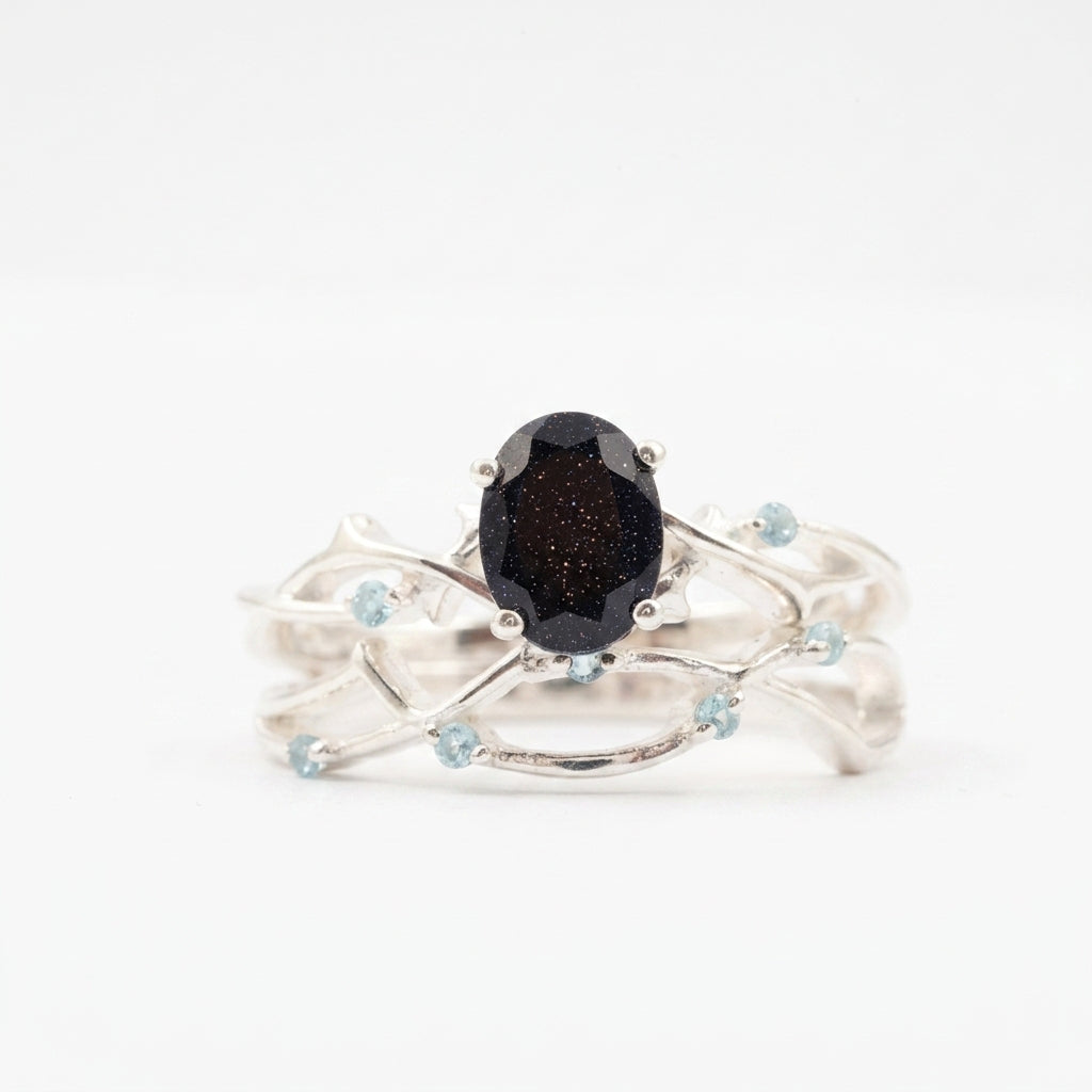 Oval Blue Sandstone Silver Engagement Ring Women