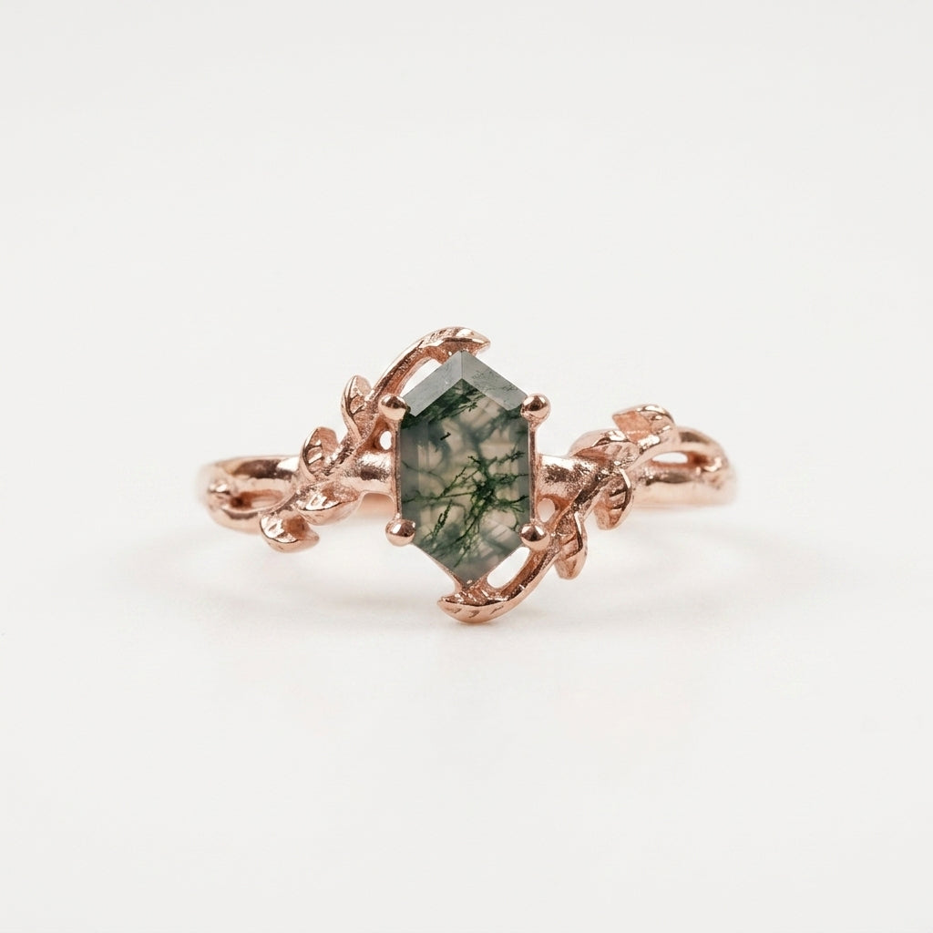 Long Hexagon Cut Moss Agate Leaf Solitaire Rose Gold Ring